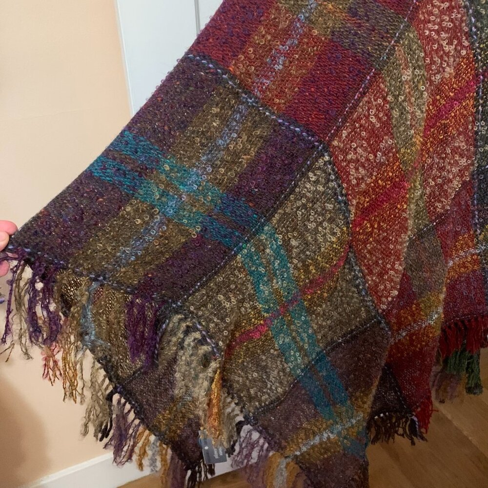 Donegal Ireland Handwoven Blanket Poncho Cape NWT Multicolor Mohair Fringe Boho - Picture 3 of 8